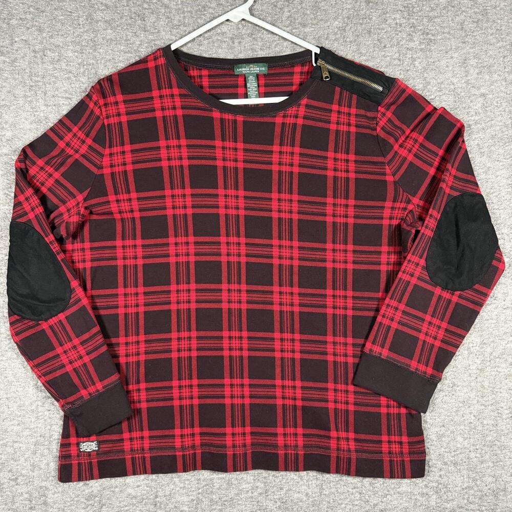 Lauren Jeans Co Shirt Womens Large Red Plaid Elbow Patch Zip Shoulder Top Y2K